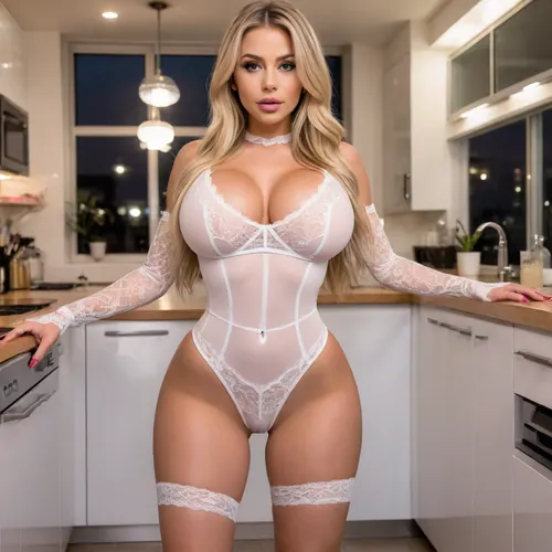 sexbot, front view, full body view, standing astride, hands on hips, looking at viewer, seductive face, beautiful, long straight blonde hair, big lips, wide jaw, heavy makeup, hoop earrings, pink nails, tan, (huge fake firm round tits:1.3), fit, abs, shapely thick arms, shapely thighs, shapely calves, big bright outer pussy lips, big firm bubble ass, (white lace high-rise bodysuit:1.3), white stockings, ultra-high stripper platform stilettos, kitchen, night, cinematic lighting, photorealistic, high res, best quality, ultra detailed, finely detail, highly detailed face, highly detailed eyes, highly detailed hands, highly detailed feet, highly detailed skin, <lora:bombshell_v2:.8>
