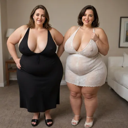 Two women, a full body photo of two full figure ssbbw gilf's, 60 years old, mature, thick, ((wide hips)), (obese:1.5), (mature:1.5), (no bra, covered nipples, very saggy), big smile, (captivating striking amber eyes:1.3), flirting with viewer, beautiful face, huge, waist, ((wearing a sleeveless black loose minidress, with plunging neckline)), dancing, birthday party in her home patio in the USA suburbs, best quality, <lora:nobrav1_SDXL:.5>