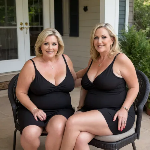 Two ssbbw mature women, sitting, a full body photo of two full figure ssbbw gilfs, 60 years old, mature, thick, big hips, (mature:1.5), (no bra, covered nipples), big smile, (captivating striking amber eyes:1.3), flirting with viewer, (one breast out), ((wearing a ring on her left hand ring finger)), ((wearing a low-cut sleeveless black minidress)), plunging neckline, sagging, birthday party in her home patio in the USA suburbs, best quality