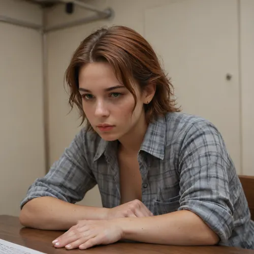 The young woman is wearing a plaid shirt with the sleeves rolled up on her forearms.Grey military trousers.Tied to a chair.He looks at me with hatred, a very evil look. Big hanging boobs.Short red hair, very wet.Chubby's body.Very strong strong forearms.Powerful and strong strong shoulders.Wide-lipped mouth.