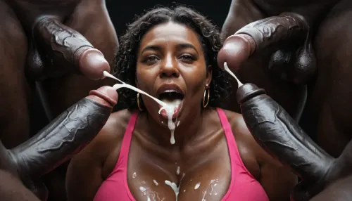 (milf:1.2), voluptuous, obese black african woman, absolutely black skin, deep ebony skin, African, Nigerian, Nubian, (((absolutely black skin))), pink spandex top, massive breasts, happy, amused, looking at a massive cock of a white male with a gigantic thick 25 inch penis, huge erection., cum on breasts, deep throat, blowjob, cumexplosion in mouth, (ejaculation:1.5), cum dripping from mouth, black room, black background, surrounded by dicks, 3+men, black background.