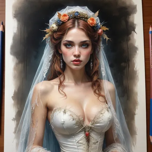 woman, Fashion sketch, fashion concept art of a, ((high-quality drawing with colored pencils)), natural busty ghost bride with a veil, full portrait, pinup style, scary, intricate details, (((high quality sketch details Jean Baptiste Monge))), Carne Griffiths, Michael Garmash