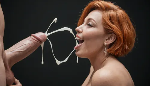 (milf:1.3), close-up of a naked white woman, side view, (massive breasts:1.1), very short ginger hair, sleek hair, combed backwards, bobcut, eyes open, mouth wide open, eyes wide open, surprised, the eyes are smiling, white man with a huge 20 inch penis, monstercock, extreme hard-on, masturbating, he is shooting a cumshot into her mouth, (ejaculation:1.5), projectile cum, black room, black background.