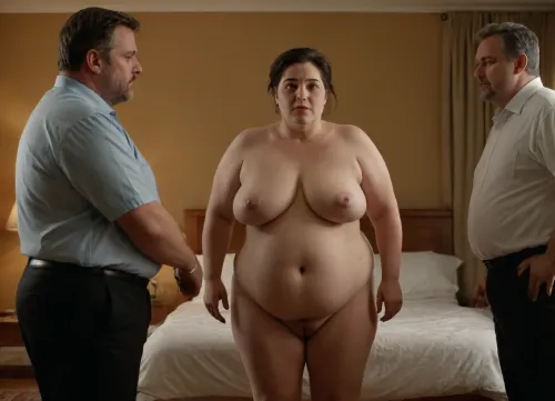One woman 40-years old fucked by 3 men of different ages and fatness, full body view