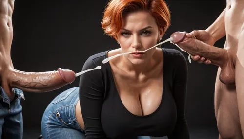 close-up, macro photo, medium view, black room, black background, 40 y/o gorgeous milf, on all fours, (milf:1.2), best quality, afterglow, 4k, ((masterpiece)), extremely detailed, 8k, Intricate, High Detail, Sharp focus, curvy, ((perfect eyes)), (beautiful face, perfect eyes:1.2), (busty and curvy1.1), (busty hourglass body), (thick:1.2), (thick thighs), (huge breasts:1), (wide_hips), collarbone, (black tunic top, jeans), serious, (short red hair, classic pixie haircut, straight hair, brown eyes), fit white man with huge dick, buttjob, (ejaculation:1.5), surrounded by dicks, masturbating, 3+men.