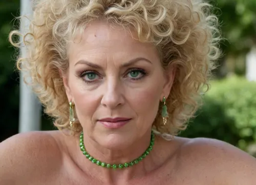 One woman 70-years old, blonde curly hair, light green eyes, thin eyebrows, large creole earrings, ‘slut’ written on her forehead, spiky choker, large breasts, tan lines, full body view