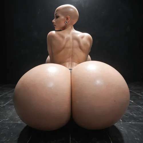 masterpiece, sexy robot doll, android, sexbot, bald robot cyberpunk, shiny chrome parts, cybernetic body, whide hips, ((massive ass:1.1)), ((massive breasts:.9)), thin waist, dark eyes, vacant look, medium view, eyes open, looking at the viewer, thick, wide hips, black room, (huge breasts:1), (massive ass:1.2), (wide_hips), solo_focus, sensual, seductive, parted lips, ((looking forward, VIEW FROM BEHIND)), four on the floor, all_fours, ass towards the viewer, ass up, black background., <lora:Allisfulloflove1024:1.4>