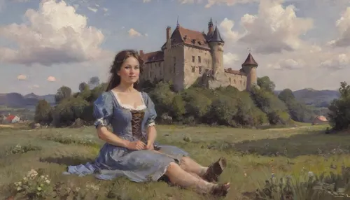 Oil painting, Milf 40 year old in medieval ragged dress sitting in a field, castel in the background, clouds in the sky, pubic hair, view from distance, impressionist, fr4z3tt4, bichu, oil, painting, medieval, c4stl3, skirtlift, <lora:EldritchImpressionismXL1.5:.1>, <lora:fr4z3tt4:2>, <lora:oil painting:.1>, <lora:medieval_c4stl3:2>, <lora:skirtlift_xl:2>