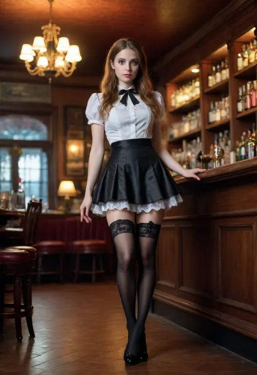 Alice from Wonderland in a very short skirt and lacy black stockings in a bar