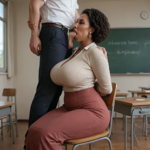 (Curvy african milf teacher sitting on chair in classroom with hands tied behind back:1.5), (large breasts:1.2), (wide hips), (fully clothed:1.3), (a standing up nerdy white boy grabbing her shoulders, and he facefucks her:1.5), (penis deep in her mouth:1.2), (curvy MILF teacher)