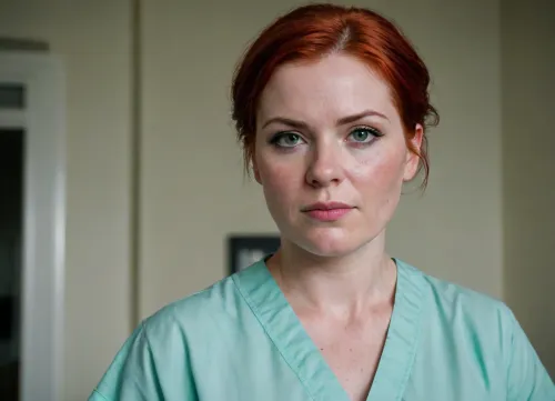 A nurse very strong big milf, short bright red hair, (very wet hair), chubby very powerful body, very big strong shoulders, Very strong wide forearms.A very strong very powerful broad-shouldered woman.
A closed green surgical uniform of a nurse with half-covered shoulders, a gray dirty bra is visible.
Very freckled.She very evil, looks at me very angrily, with a hateful look from under his brows and frowns.
super realistic