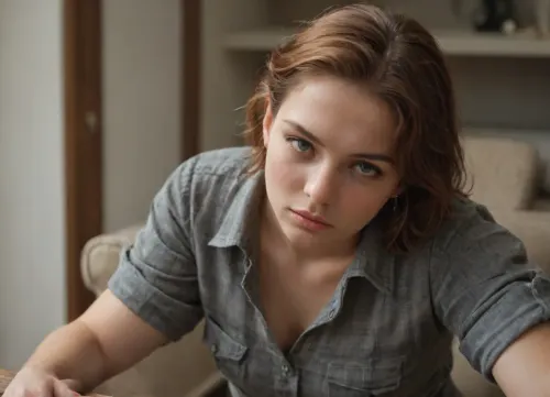 The young woman is wearing a plaid shirt with the sleeves rolled up on her forearms.Grey military trousers.Tied to a chair.He looks at me with hatred, a very evil look. Big hanging boobs.Short red hair, very wet.Chubby's body.Very strong strong forearms.Powerful and strong strong shoulders.Wide-lipped mouth.