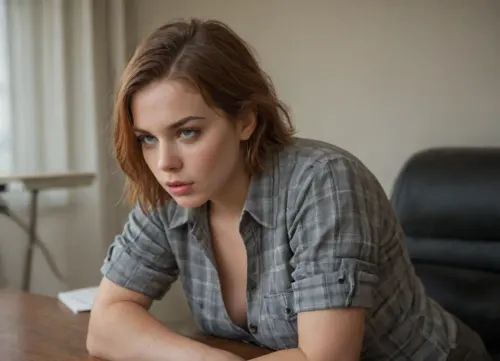 The young woman is wearing a plaid shirt with the sleeves rolled up on her forearms.Grey military trousers.Tied to a chair.He looks at me with hatred, a very evil look. Big hanging boobs.Short red hair, very wet.Chubby's body.Very strong strong forearms.Powerful and strong strong shoulders.Wide-lipped mouth.