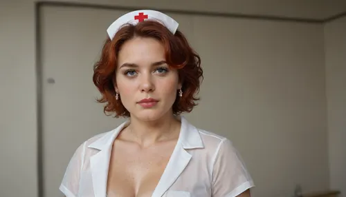 A nurse named Kristina, very strong big milf, short bright red hair, chubby body, big strong shoulders, Very strong, wide forearms.A very strong, very powerful, broad-shouldered woman.
Closed green nurse uniform, neckline with visible gray dirty bra.
Very freckled, He looks at me very angrily, with a hateful look from under his brows, and frowns., (the nurse squeezes the members of the shemales in her fists, many sperm on face), super realistic