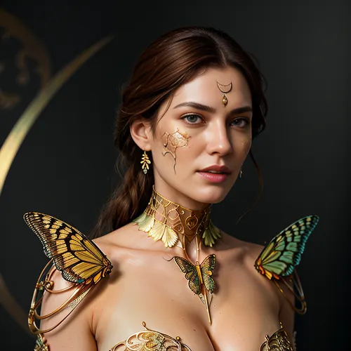 A woman with a gold butterfly tattoo on her left arm and an intricate, elegant 8k portrait of a beautiful cyborg with brown hair was generated by artgerm and ruan jia. The woman's eyes were painted gold, and she wore