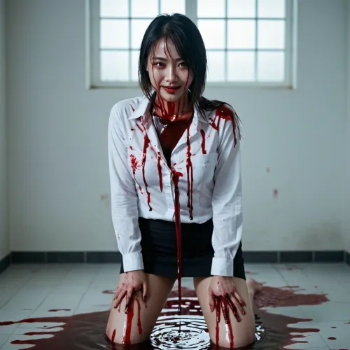 L'AI ha generato una storia horror su una ragazza asiatica alta e corpo pieno con occhi perfetti e una piscina di sangue sui suoi vestiti. Lei stava sorridendo mentre tiene un'immagine sanguinosa di se stessa, che aveva gocciolato su se stessa mentre si masturbava a pornografia