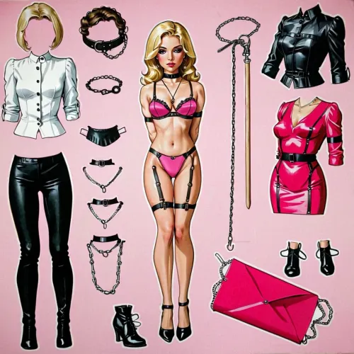 A stunning blonde-haired woman with piercing blue eyes and a mischievous smile is the subject of a picture that showcases her dominatrix outfit, complete with rope, black tape, and gags. Her hair is styled in an up