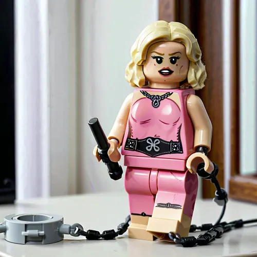 Картина блондинки, одетая в мини-фиг себя с нарядом dominatrix и такими аксессуарами, как кнуты, цепи и ошейники