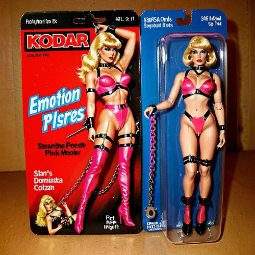 1987 Action Figure Playset of a BDSM Model with a blond hair, middle length hair, and included supplies was unopened packaging. Он поставляется с розовым нарядом Dominatrix, мешками, хлыстами, цепями и ошейниками