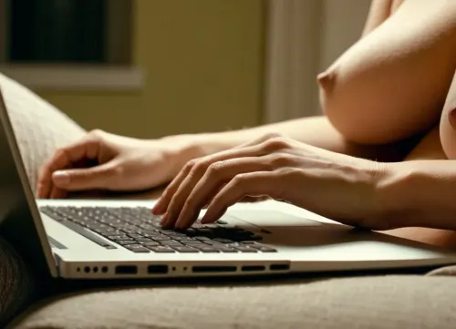 A mulher estava assistindo um filme pornô em um laptop, e a imagem da mulher no filme foi espalhada na cama, com suas pernas abertas. Ela estava esfregando-se através de suas roupas quando ela veio