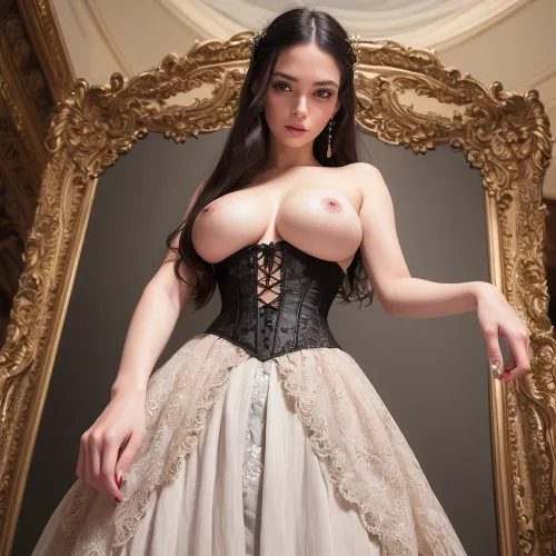 肖像中的女人是一个真正的杰作,有着无瑕的皮肤,完美的眉毛和微妙的特征,使得她出众. 她的眼睛被完美地描绘成长鞭,她的嘴唇又满又红. 她穿了件胸围裙