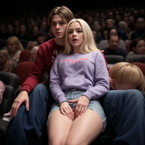 The woman wearing a sweatshirt was sitting in the crowded movie theater, watching the action on the screen. Suddenly, she felt a hand on her leg and looked back to see a man behind her wearing a sweatshirt. He was rubbing his crotc