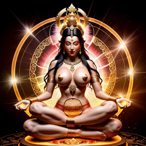 एक bodhisatva, एक शाही ethereal बागे में तैयार है और विकिरण और महिमा की धाराओं से घिरा हुआ है, पैरों के साथ पवित्र ज्यामिति की पृष्ठभूमि के खिलाफ पार बैठता है। उसके सिर का बंधन बहुरंगी किरणों के हलो के साथ सजाया गया है