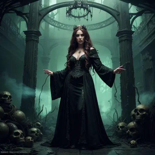 O 8k foto robe realista feiticeiro e tiara com crânios foto é uma obra-prima do horror gótico