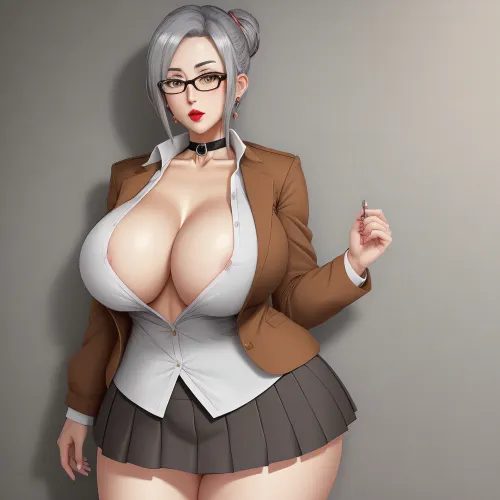 Meiko Shiraki, a mature female with big breasts and huge breasts, was standing in front of the camera wearing a skimpy cloths. She had no bra and her cleavage was visible. Her short grey hair was styled in a sexy school uniform
