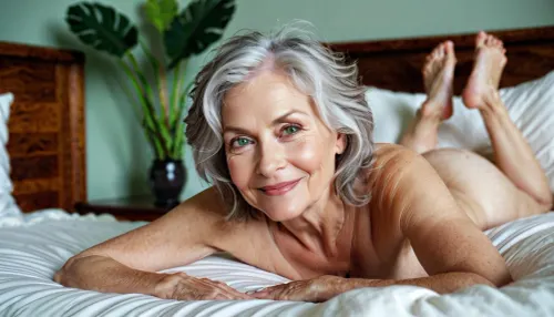 The 70-year-old English woman with tousled shaggy messy grey hair and green eyes and big breasts and pale skin was lying prone on her side view, smiling, perfect eyes, topless