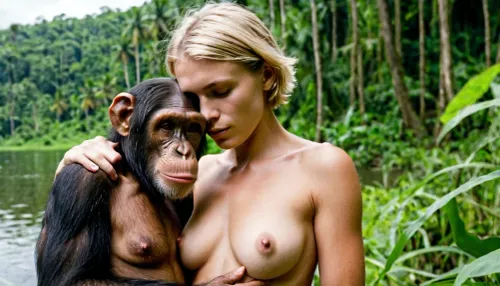 Una giovane ragazza caucasica con espressione indolore, capelli biondi corti, capelli nudi, lussureggianti pubici, seni fermi e dal lago nella giungla africana. Sta abbracciando uno scimpanzé che è anche nudo e ha un corpo pieno sparato