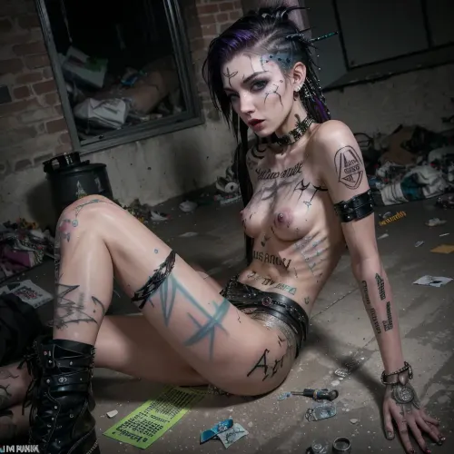 A girl with a tattooed body and pierced nipple was lying on the floor, surrounded by people taking pictures with their phones. Her hair was messy and tangled, and she had no makeup on. She had a lot of piercings and