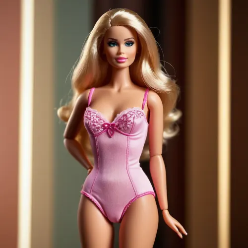 Die Frau auf dem Bild ist eine schlüpfrige Barbie Puppe, tragen ein enges rosa Kleid und voller Körper Blick auf eine schlammige Barbie Puppe. Sie hat einen hellen roten Lippenstift, der ihre Lippen noch küssen lässt, und ihr Haar