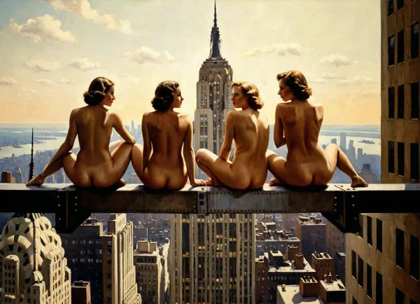 Lunch atop a Skyscraper" is a painting of eleven nude ironworkers girls sitting on top of the RCA Building, inspired by the 1932 black-and-white photography "Chiaroscuro, style, dim, light