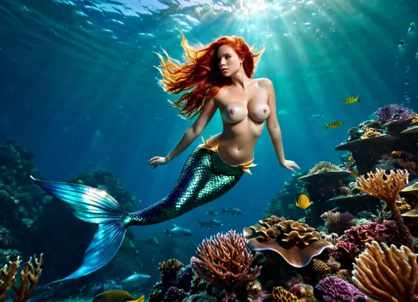 Una bella sirena di 25 anni e uno squalo nuotano insieme nel mare profondo, i loro corpi si intrecciano nel mondo subacqueo. I grandi seni naturali dello squalo rimbalzano su e giù mentre nuotano, affascinando la sirena con la loro