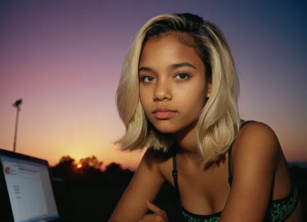 Ein junges Mädchen sitzt auf ihrem Computer und trägt einen weißen Tanktop und Denim Shorts. Sie hat lange blonde Haare, die ihren Rücken kaskadieren und ihr Gesicht perfekt schäumen. Ihr Make-up ist leicht und natürlich, mit nur einem Hauch von rosa Lippenstift