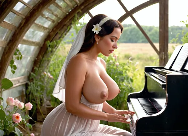 Una donna curvy ha suonato il pianoforte con la sua figura di clessidra, il suo seno che si agita mentre si muoveva. Ha abbandonato lo sfondo della serra e ha suonato una canzone sexy sul piano, mostrando i suoi seni a goccia