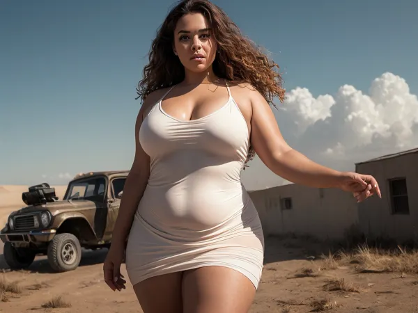 The supermodel stood in the middle of a post-apocalyptic wasteland, her body covered in oiled skin and tanned skin. She wore a transparent mini dress that showed off her perfect legs and long curly hair. Her face