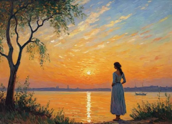 The Impressionist painting captures the beauty of a woman enjoying a sunset, with broad thick brush strokes and of course, the use of colour. The woman is in front of a beautiful landscape, with her back to us. She is wearing a flowing