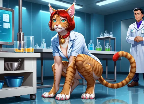 (style of Frank Cho, illustration, digital art, character concept art, cartoon:1.4), , illustration of a 30-year-old woman turning into a catgirl, (mad science lab decor in background), long rose-red hair with with golden undertones, nice crinkled in a mischievous feline grin, wearing a choker with a bell, crouched on all 4 legs, mad science laboratory in background, (catgirl, furry, petgirl, transformation, cat whiskers, feline tail, feline legs, collar with bell:1.2), (science lab, science experiment, hybrid, chimera:1.2), Zip2D, SK_DigitalArt