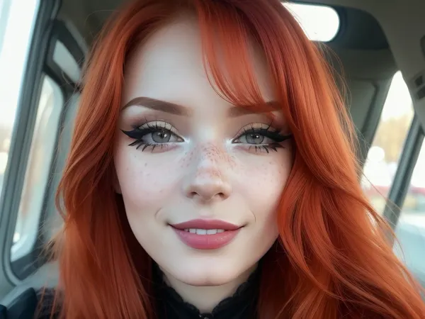 Close-up portrait. Russian girl, transwomen, e-girl, 25 years old, natural redhead, long eyelash, lovely smile, long straigh hair. Cinematic, warm light., 3g1rlmak3up, eyeliner, nose, freckles, lipstick, <lora:3g1rlmak3up:.5>