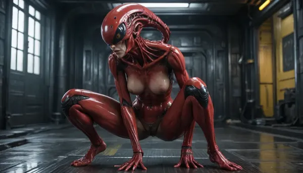 Xenomorph alien Girl, (human face, alien arms end leggs, tits and pussy naked, covered in oil, full Body visible), Doggystyle fucking Cyberpunk Android girl, cyberpunk Android girl, HAIR, (Red hair, Undercut), OUTFIT, (Cyborg mech suit, DARK Eyeliner, Long eyelashes), POSE, (squatting, feet together and knees apart), Xenomorph, <lora:Xenomorph v2:.8>, <lora:CyborgMechExosuit_v1.5:.3>
