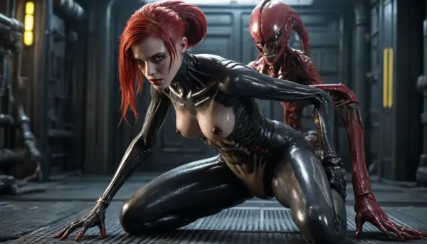 Xenomorph alien Girl, (human face, alien arms end leggs, tits and pussy naked, covered in oil, full Body visible), Doggystyle fucking Cyberpunk Android girl, cyberpunk Android girl, HAIR, (Red hair, Undercut), OUTFIT, (Cyborg mech suit, DARK Eyeliner, Long eyelashes), POSE, (squatting, feet together and knees apart), Xenomorph, <lora:Xenomorph v2:.8>, <lora:CyborgMechExosuit_v1.5:.3>