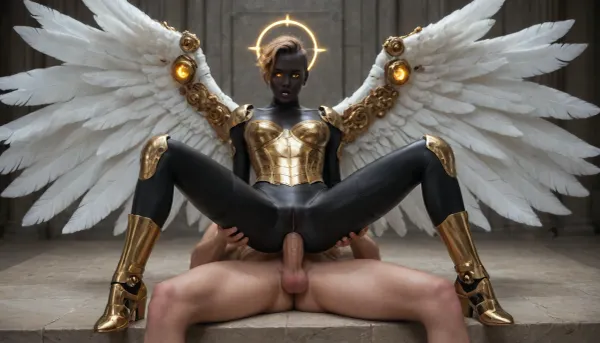 UHD 8K, extreme realism, maximum detail, full body view, girl, indian goddess, (coal black skin:1.3), moan, long legs, (shiny golden armor corset), (gigantic angel huge wings), (silver cyborg armor tights), (Cyborg body), ((white glowing eyes)), (golden Cyborg small breasts:1.1), (golden armor bra), (white glowing halo), Shiny skin, Cyborg armor thigh highs, Cyborg bridal gauntlets, (golden hair, pixie hair undercut), ((reverse cowgirl anal position)), sitting on the marble ritual stone, anal creampie, heaven, diamonds, wet pussy, wet cock, oil skin, <lora:xpenis-1.5e:.4>, <lora:SquattingAnal:.3>, <lora:cyborg_style_xl-alpha:.8>