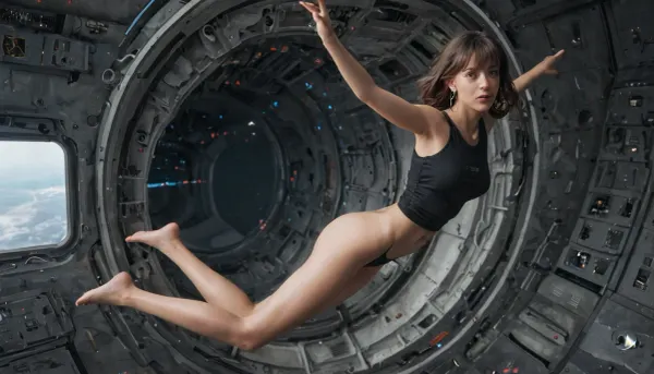 cosmonaut girl, naked, naked astronaut, spaceship, iss, zero gravity, flying forward in zero gravity inside the ISS, the earth is visible from space from the porthole, long brown hair with bangs, hair flies apart in zero gravity, Dressed in tight black panties, tight tank top