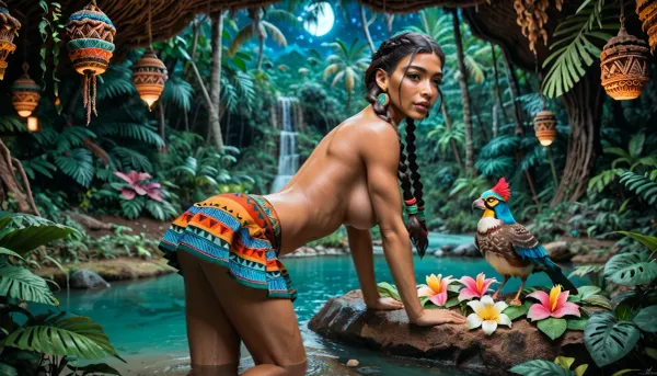 Amazon rainforest, night, Mayan pyramids visible in the background, many bright tropical flowers, on the bank of a stream, woman, Native American, 35 years old, long uniform hair braided in two braids, short deerskin skirt, nude, multi-colored beads in several rows on her neck, decoration of tropical bird feathers on her head, is bending over