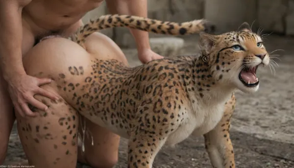 Slutty seductive female Leopard, curvy sexy body, feral, lifting tail, short hair, arched back, big round sexy ass, wide hips thick thighs, smooth glossy fur, beautiful feline face, leaking cum, horny, fat ass, fucked from behind by black man, crying, drooling, shouting moaning
