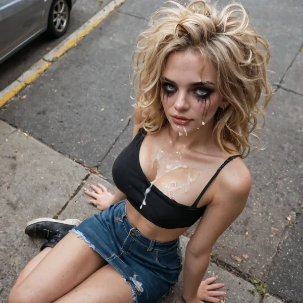 La symphonie d'une rue : un portrait de la résilience au milieu du désespoir

- Oui.

De dessus, la vue 3/4 a révélé une blonde très maigre assise sur un trottoir. Ses cheveux sales ont été déshonorés, et son maquillage, une fois vierge, a été ruiné, avec le mascara frotté courant sur son visage. Les vêtements qu'elle portait étaient sales et sales, exposant un cadre mince et osseux. Malgré ses circonstances terribles, elle avait un sourire séduisant sur ses lèvres, comme si cligner avec jeu, et le sperme, d'une rencontre inattendue, était sur son visage, même coincé dans ses cheveux sales.