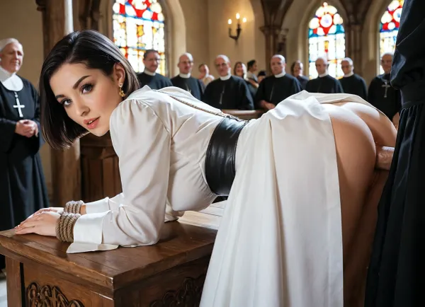 an old woman 69 years old, bob cut black hair looking at the viewer, fucked by the priest, face, anal penetration, side-rear view, bending over, hands tied back, bondage, bending over the altar, altar, many people around, public, priests watching
