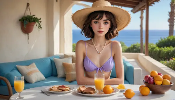 ((full body in shot)), ((brunette with a fringe)), ((anorexic)), A woman is standing at a table filled with a luxurious breakfast spread in an outdoor setting. She is wearing a floral bikini with a white base and purple flowers, and a wide-brimmed white hat with a blue ribbon adorned with a luxury brand logo. The woman is slightly leaning forward, her face mostly obscured by the shadow of the hat. Her skin has a sun-kissed glow, and she is accessorized with a pearl necklace. The background features a sunlit, white-washed setting with a blue couch and a white wall, evoking a Mediterranean or Greek island vibe. The table is set with various dishes, including pancakes, fruit, and a glass of orange juice. anatomically correct, [Photorealistic, moody], <lora:Animated_Concept:.5>, <lora:add-detail-xl:.4>